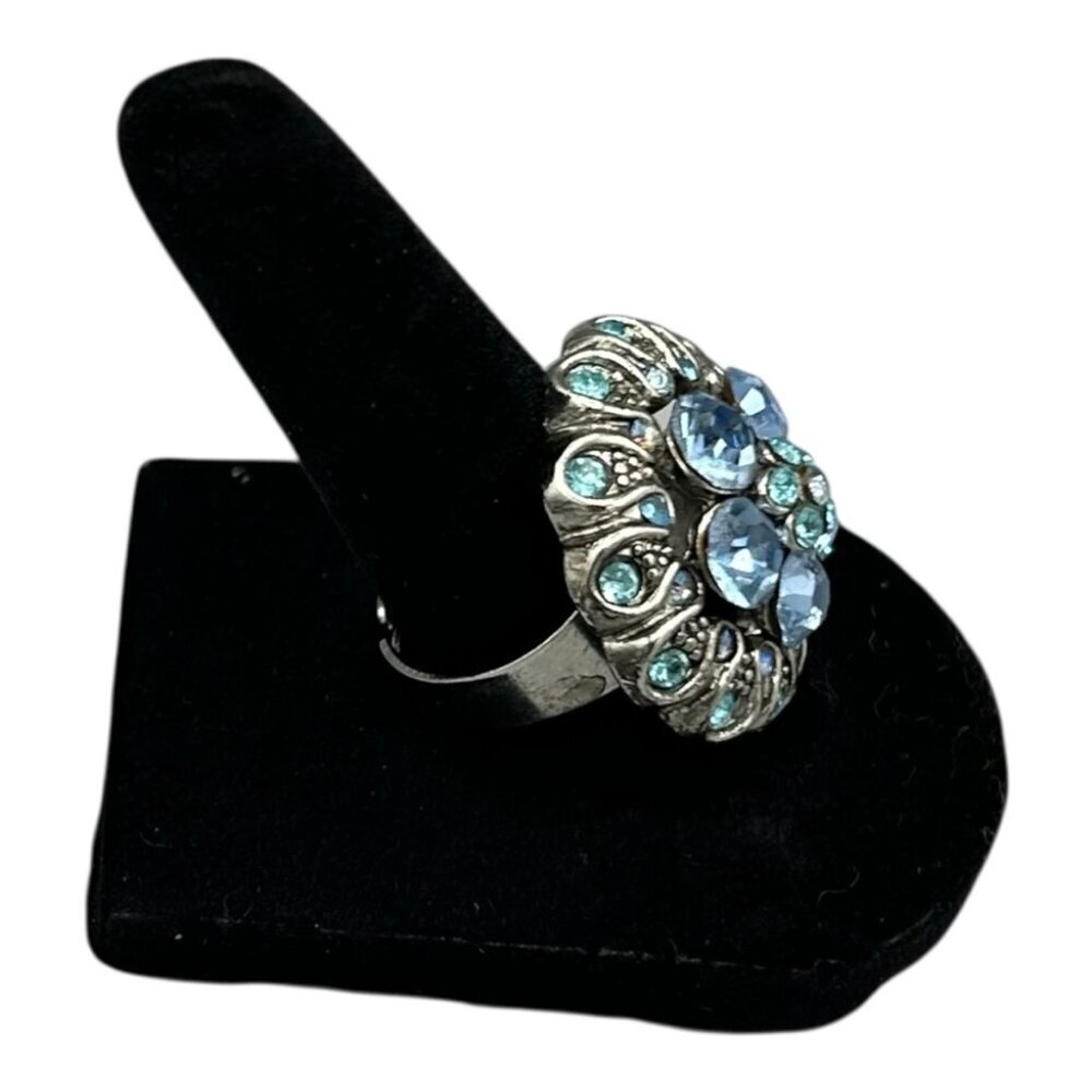 Blue Rhinestone Floral Cocktail Ring Adjustable Silver Tone - Picture 3 of 9